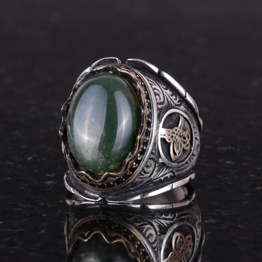 925 Sterling Silver Men's Ring, Mossy Agate Stone Ring, Ottoman Tughra Stone Ring — 3