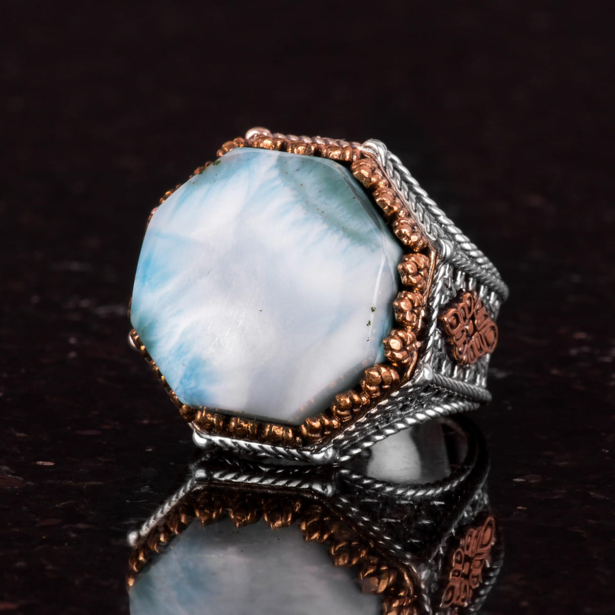 Natural Larimar Stone Octagonal Ring - Handmade 925 Sterling Silver Jewelry — 6