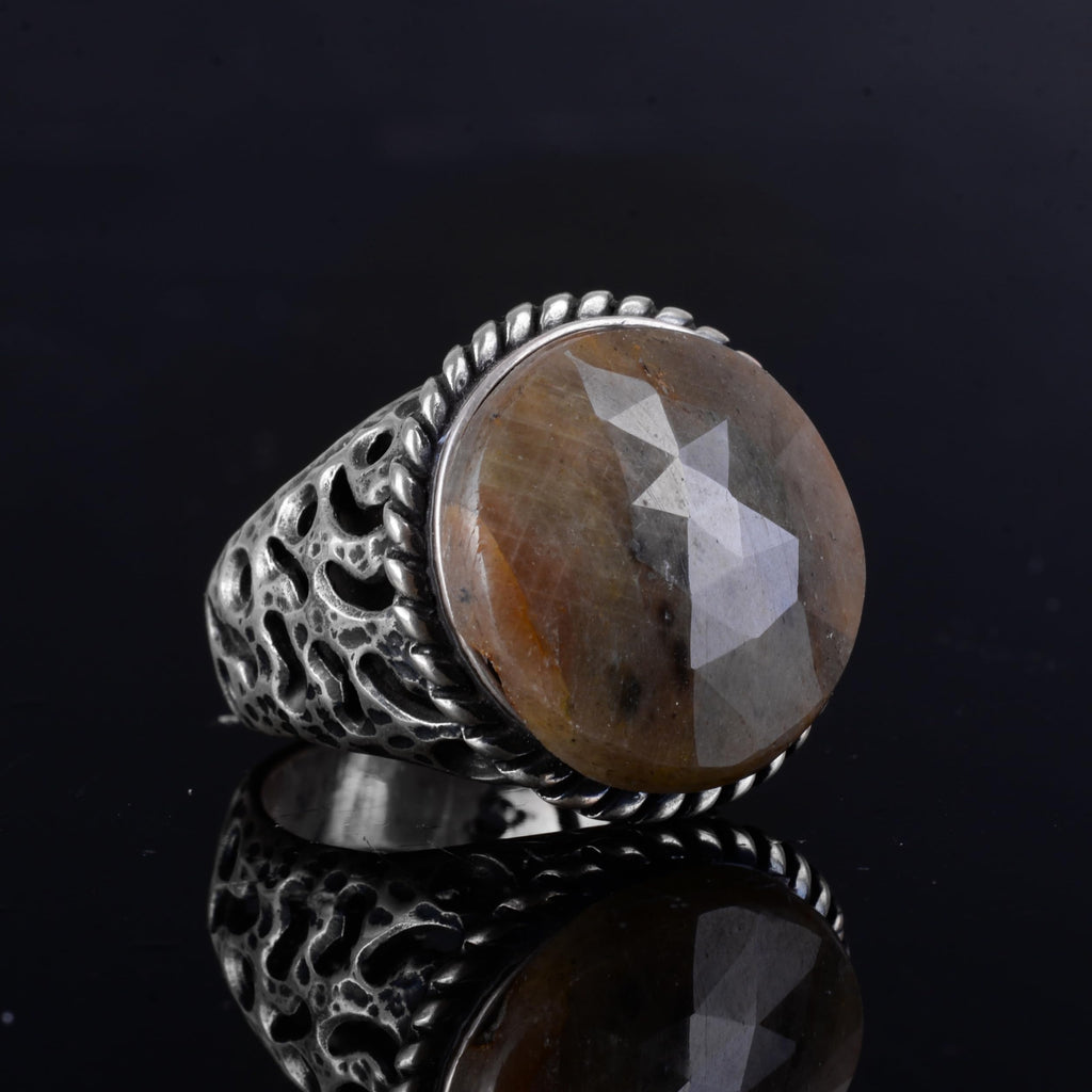 KAMBO Men's Sapphire Stone Ring – Round Cut Sapphire 925 Sterling Silver Ring – Handmade Oxidized Silver Statement Ring — 6
