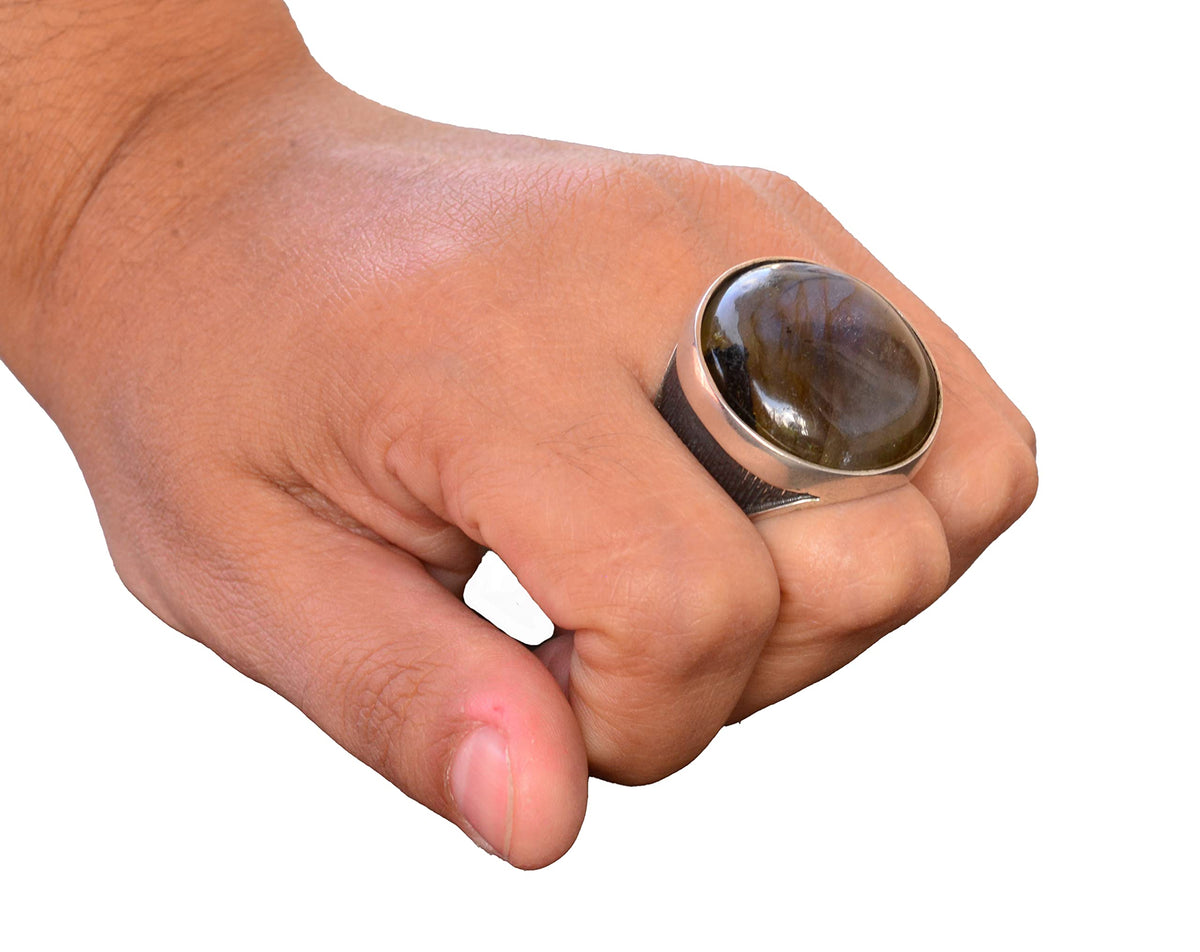 Natural Labradorite Round Stone Ring - 925 Sterling Silver Men's Big Ring — 7