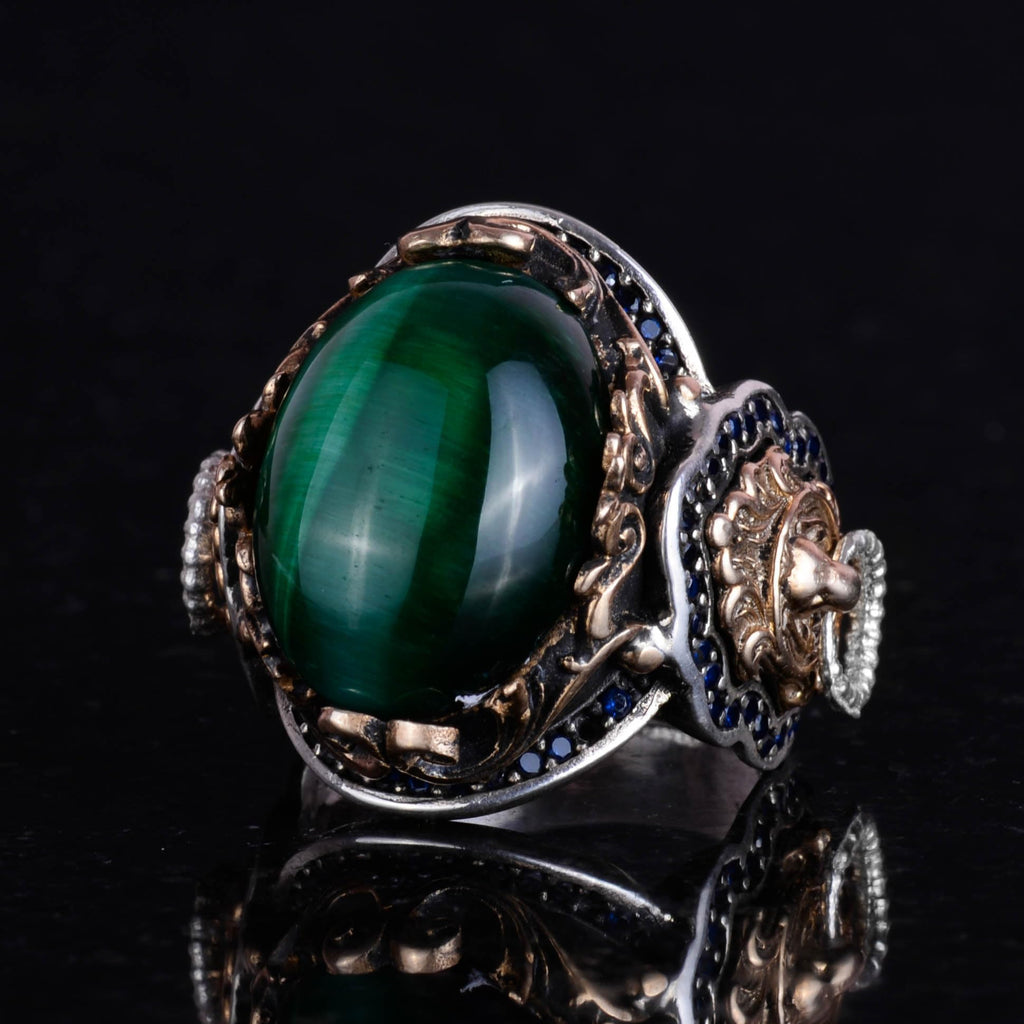 Lion Symbol Ring, Green Cat's Eye Stone Ring, 925 Sterling Silver Men's Ring — 6