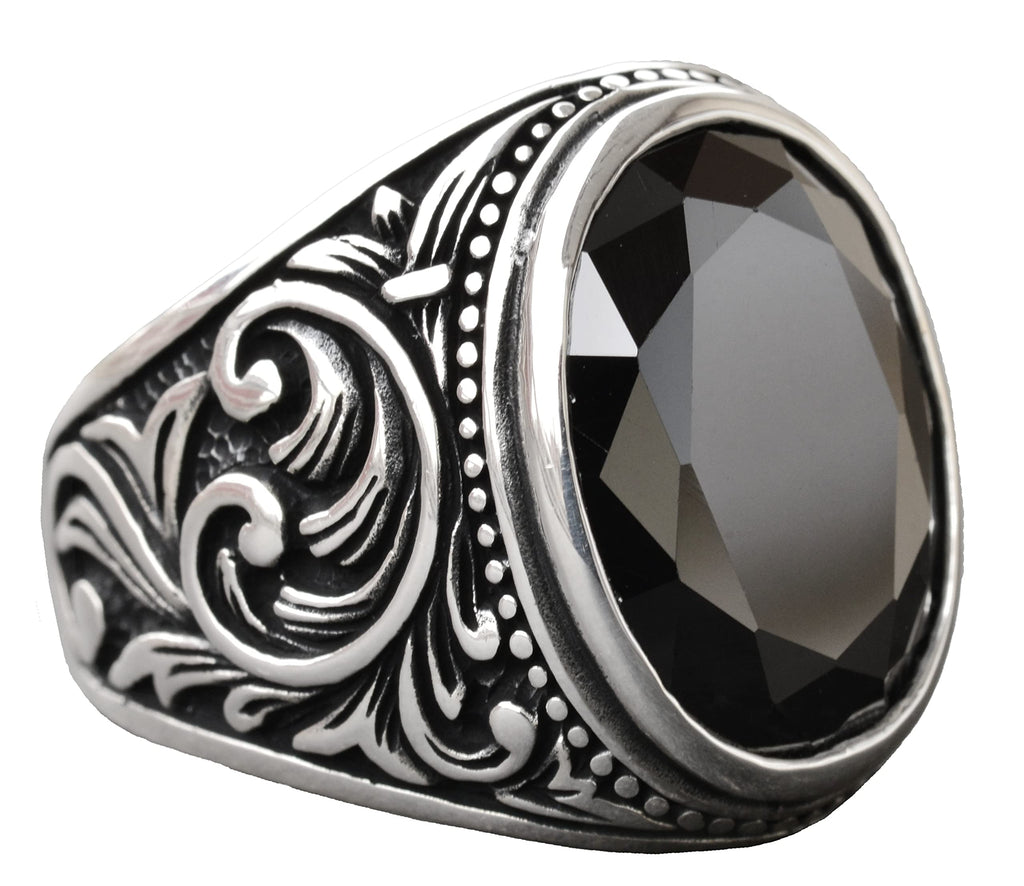 Handmade 925 Sterling Silver Men's Ring with Natural Obsidian Stone, Intricate Band Design, Unique Silver Ring