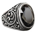 Handmade 925 Sterling Silver Men's Ring with Natural Obsidian Stone, Intricate Band Design, Unique Silver Ring
