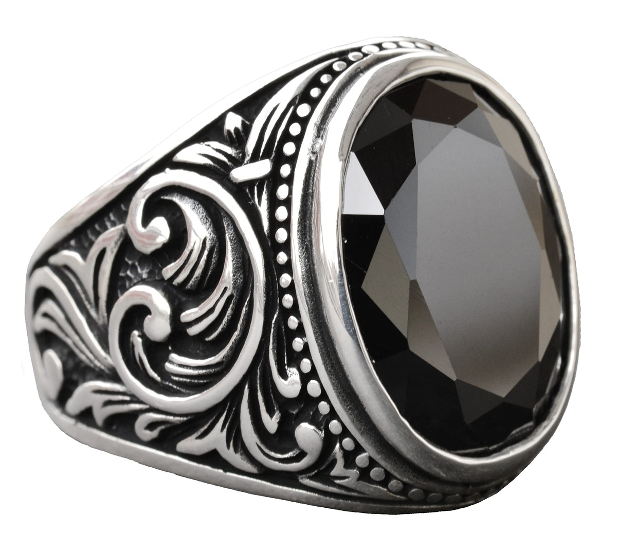 Handmade 925 Sterling Silver Men's Ring with Natural Obsidian Stone, Intricate Band Design, Unique Silver Ring