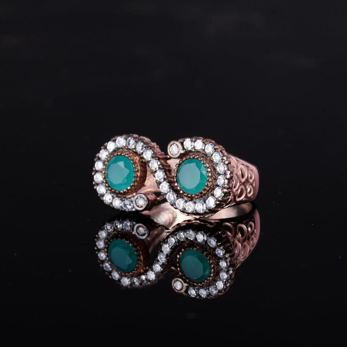 KAMBO 925 Sterling Silver Women's Double Stone Ring – Zircon Halo Rose Gold Plated Green Stone — 5