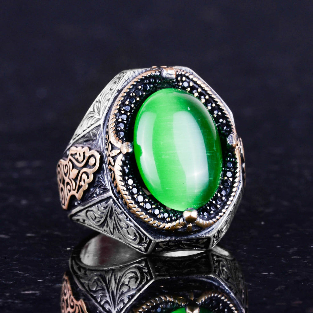 925 Sterling Silver Ring, Green Cat's Eye Stone Ring, Designer Silver Men's Ring — 5