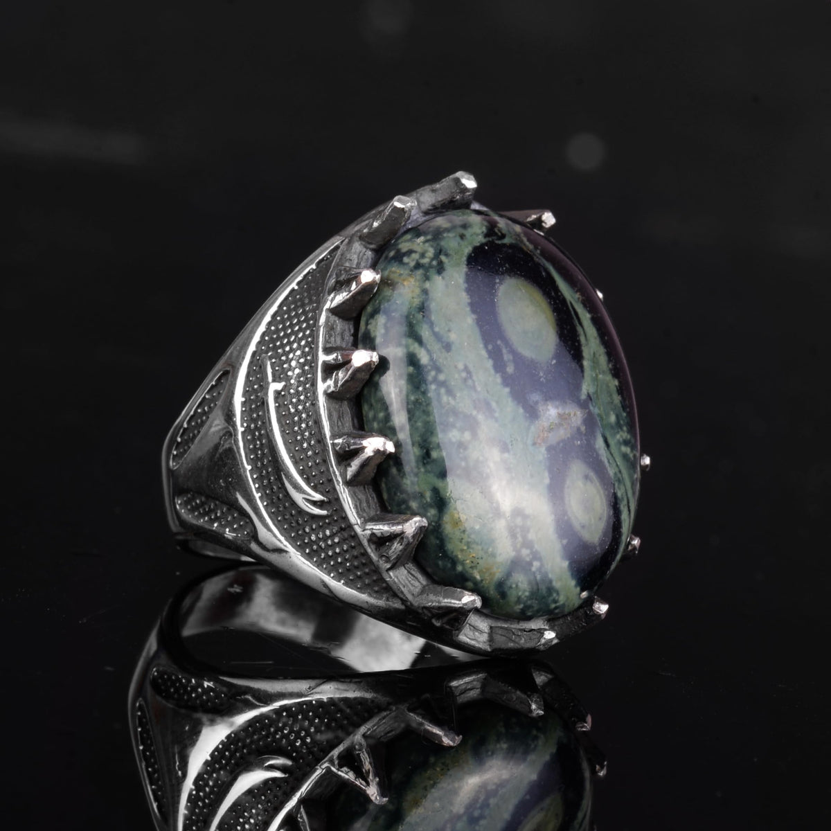 KAMBO Natural Stone Men's Large Ring – 925 Sterling Silver Ottoman Sword Motif Statement Ring (Green Eye) — 6