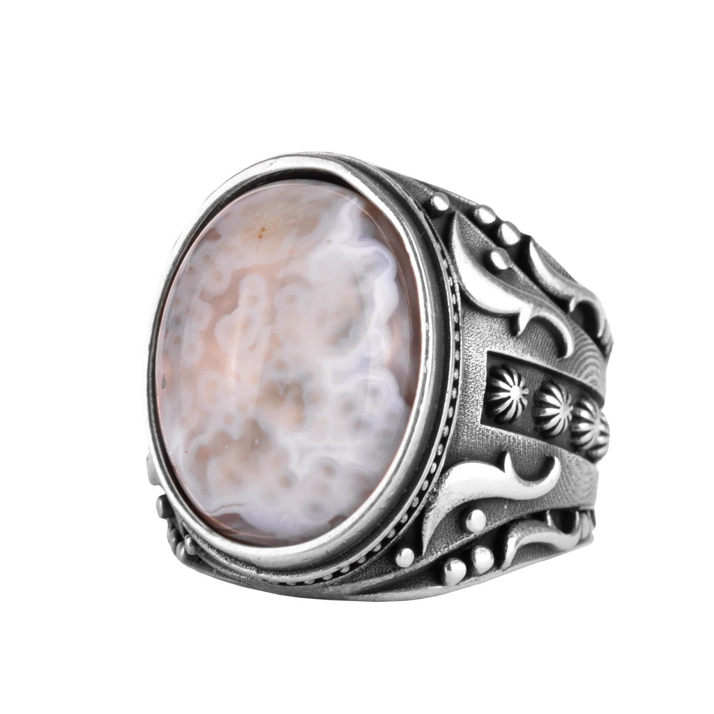 KAMBO Men's Natural Agate Ring – 925 Sterling Silver Flower Pattern Ring – Handmade Vintage Style Men's Statement Ring (Agate-11)