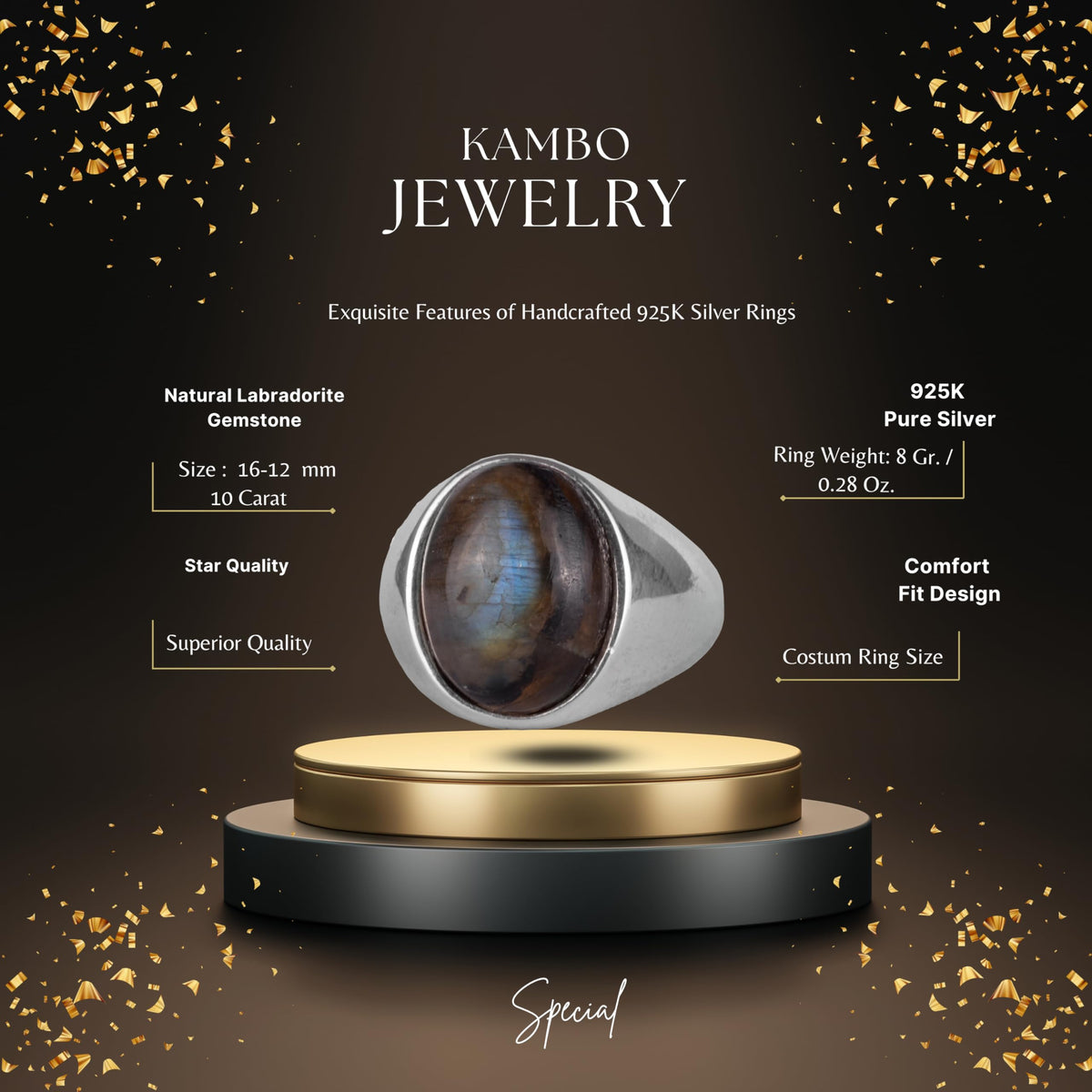 KAMBO Natural Men's Ring – 925 Sterling Silver Minimalist Oval Stone Ring – Handmade Classic Statement Jewelry (Labradorite) — 2