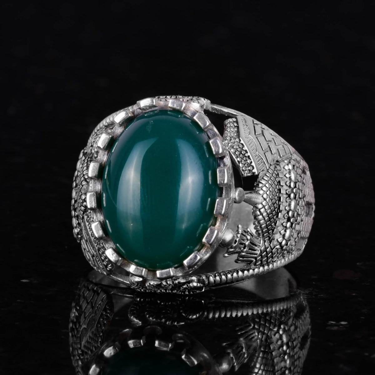 Islamic Natural Jade Stone Ring - 925 Sterling Silver Men's Ring - Harmony and Abundance Design — 4