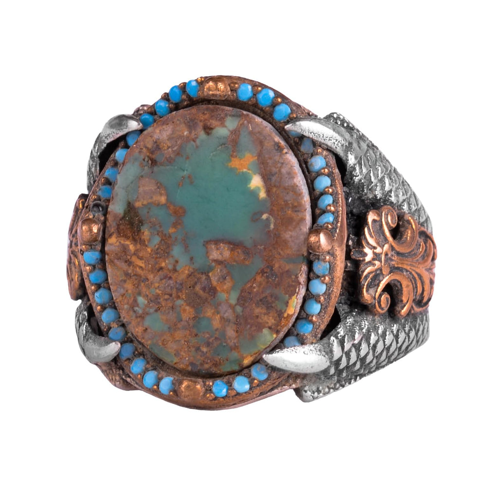 KAMBO Raw Turquoise Oval Stone Claw Setting – Bronze Detailed Silver Artisan Men's Expression Accessory (E)