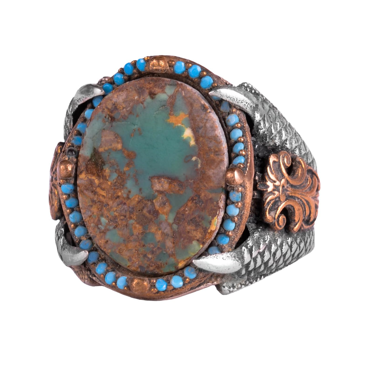 KAMBO Raw Turquoise Oval Stone Claw Setting – Bronze Detailed Silver Artisan Men's Expression Accessory (E)