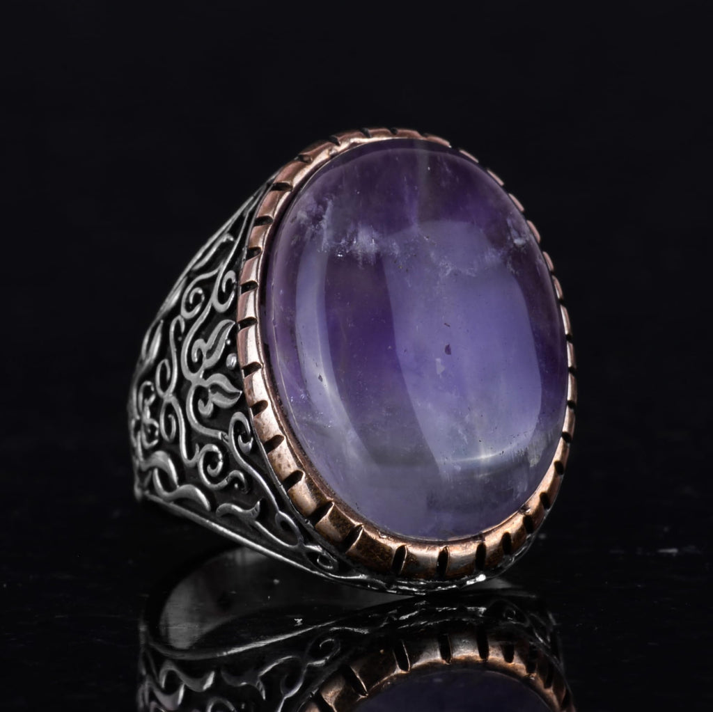 925 Sterling Silver Men's Ring, Natural Amethyst Stone Ring — 5