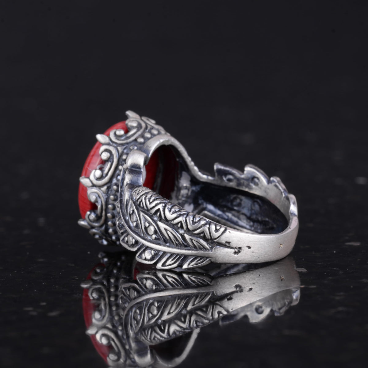 Silver Women's Ring with Natural Red Coral Stone — 7