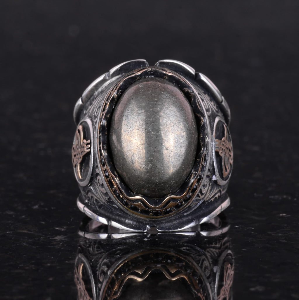 925 Sterling Silver Men's Ring - Natural Pyrite Stone Ottoman Tugra Ring — 4