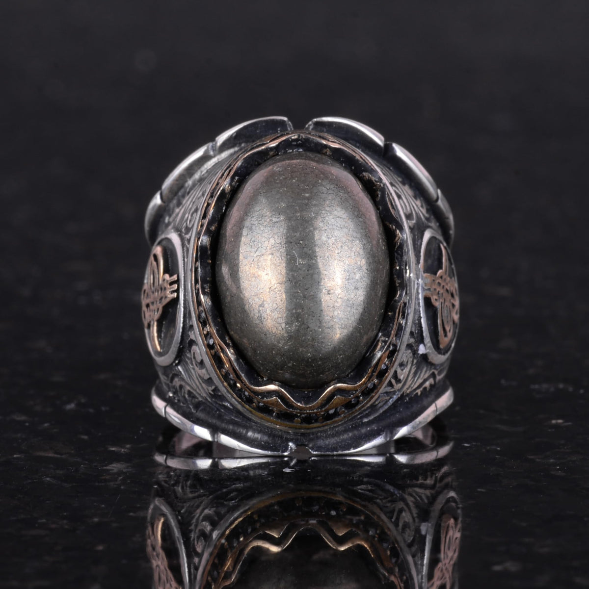 925 Sterling Silver Men's Ring - Natural Pyrite Stone Ottoman Tugra Ring — 4
