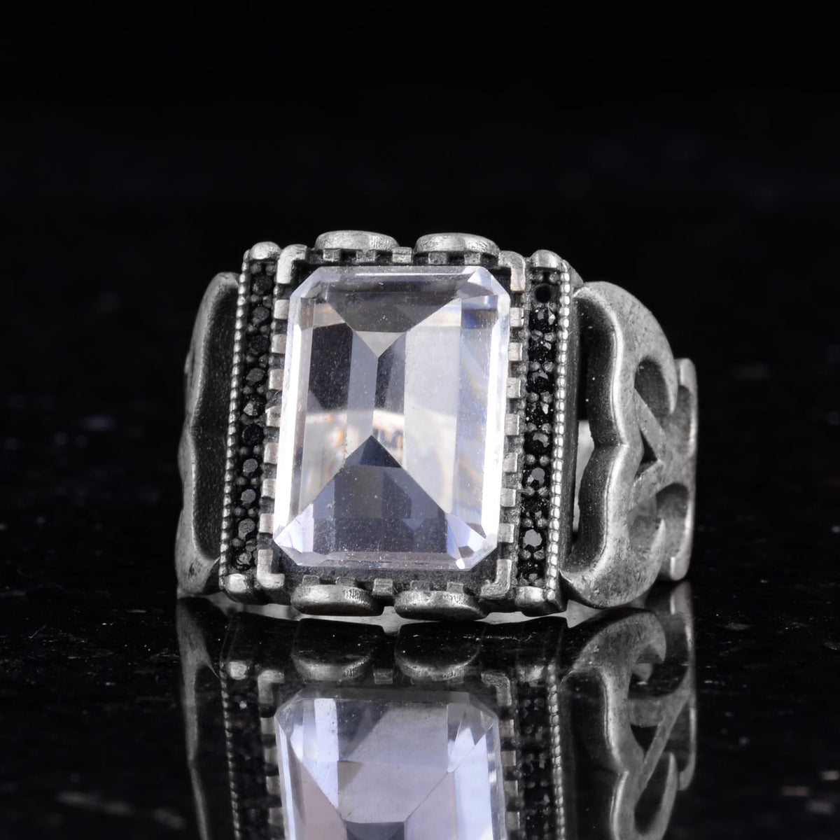 Silver Men's Ring Natural Crystal Stone Rectangular Shaped Men's Ring — 6