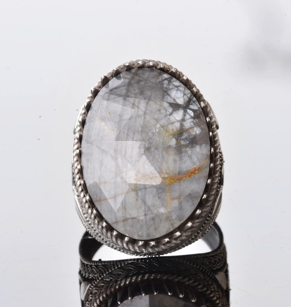 925 Sterling Silver Men's Ring with Natural Labradorite Stone - Detailed Ethnic Design - Handmade Silver Ring — 2
