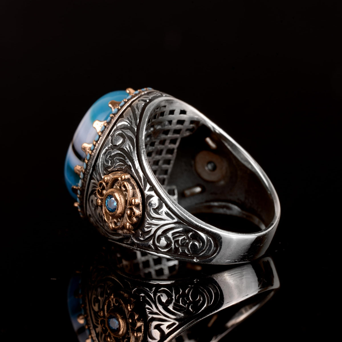 Natural Blue Agate Stone Ring, 925 Sterling Silver Ring, Men's Ring — 6