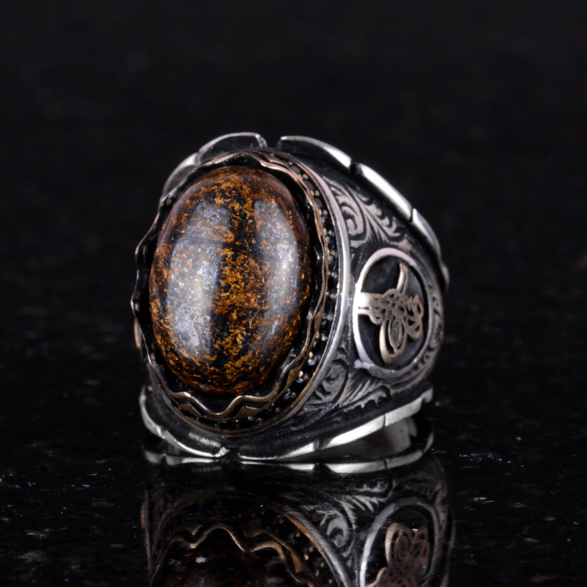 Natural Bronzie Stone Ring, 925 Sterling Silver Men's Ring, Ottoman Tughra Ring — 5