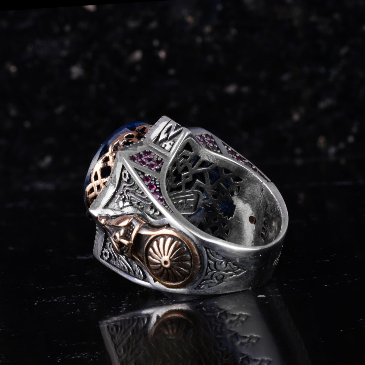 KAMBO Certified Natural Blue Sapphire Stone Men's Ring – Star Shaped Design – Bronze Detailed 925 Sterling Silver – Handmade Statement Ring — 6