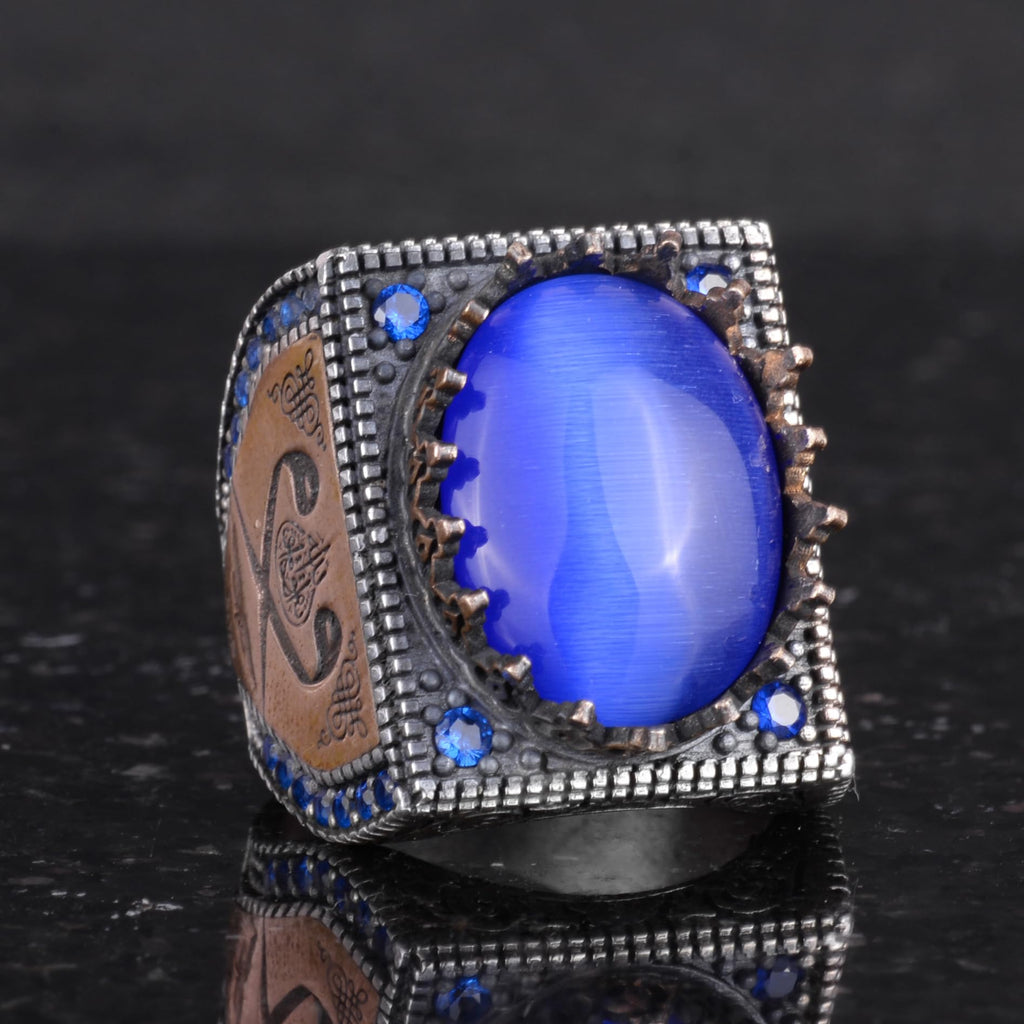 925 Sterling Silver Islamic Ring, Synthetic Stone Ring, Handmade Calligraphy Ring (Synthetic Blue Stone) — 5