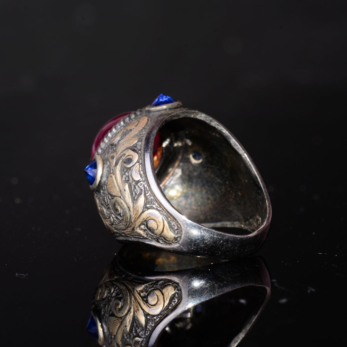 KAMBO Natural Star Ruby Stone Ring – 925 Sterling Silver Gold Plated Handmade Men's Ring – Round Stone Statement Jewelry — 7