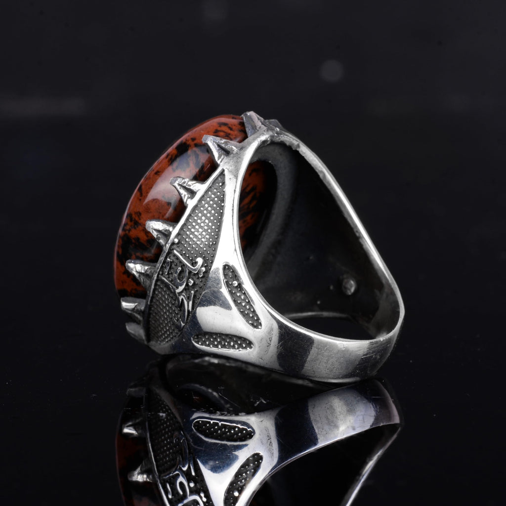 KAMBO Natural Stone Men's Large Ring – 925 Sterling Silver Ottoman Sword Motif Signet Ring (Obsidian) — 7