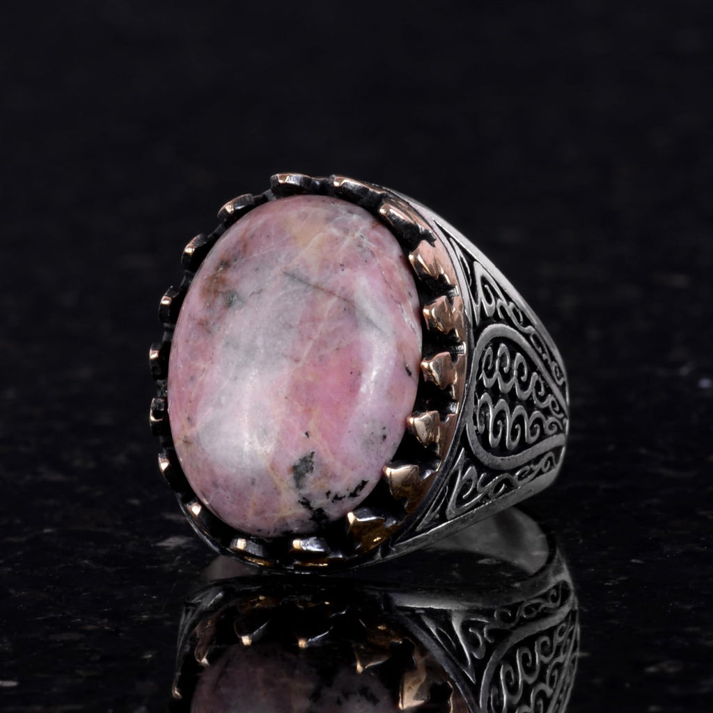 925 Sterling Silver Men's Ring - Natural Rhodonite Stone — 3