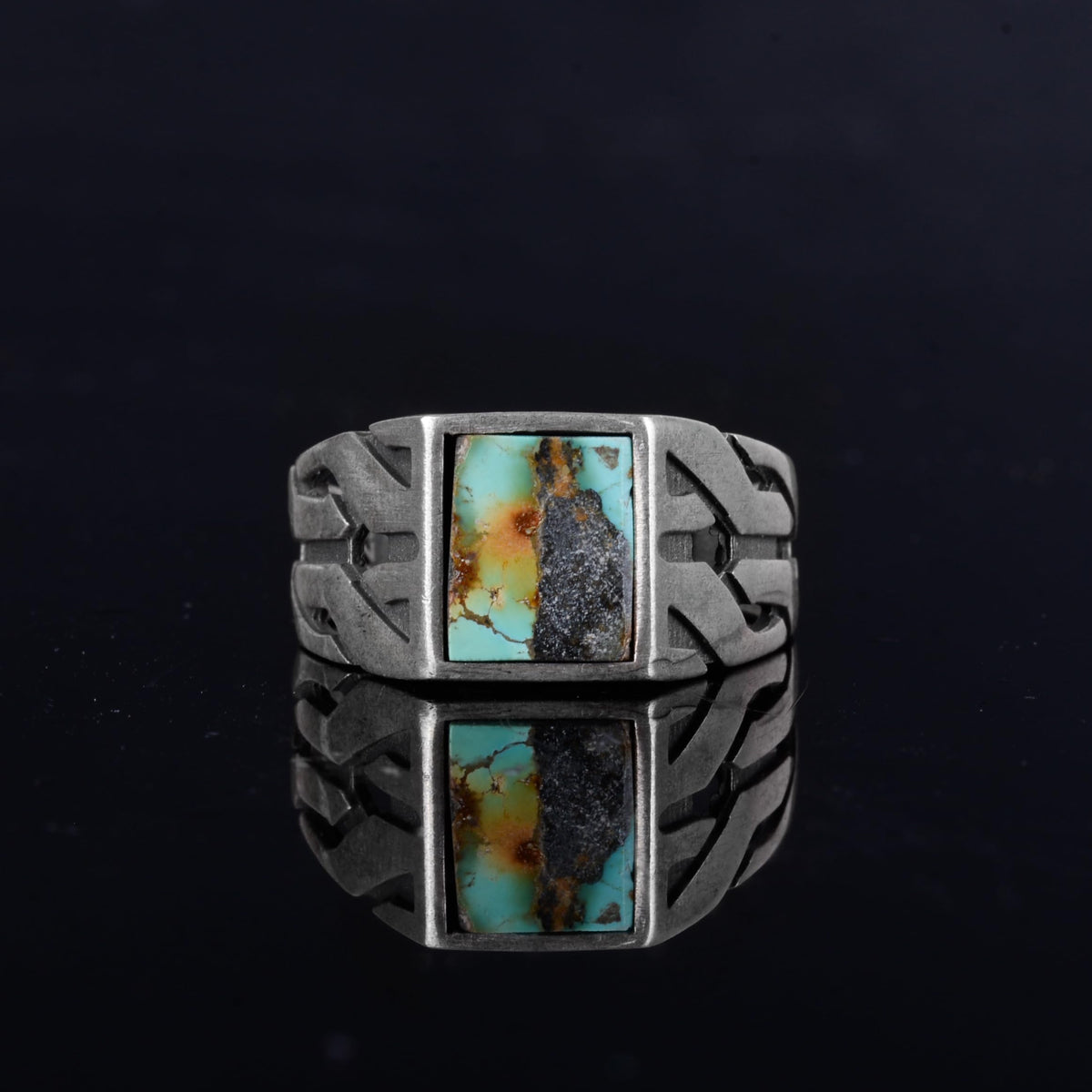 KAMBO Natural Square Turquoise Stone 925 Sterling Silver Men's Ring – Handmade Silver Jewelry with Geometric Side Design (Turquoise-2) — 2