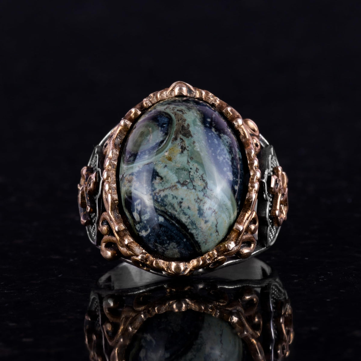 Anchor Ring, Green Blue Stone Ring - 925 Sterling Silver Men's Ring — 5