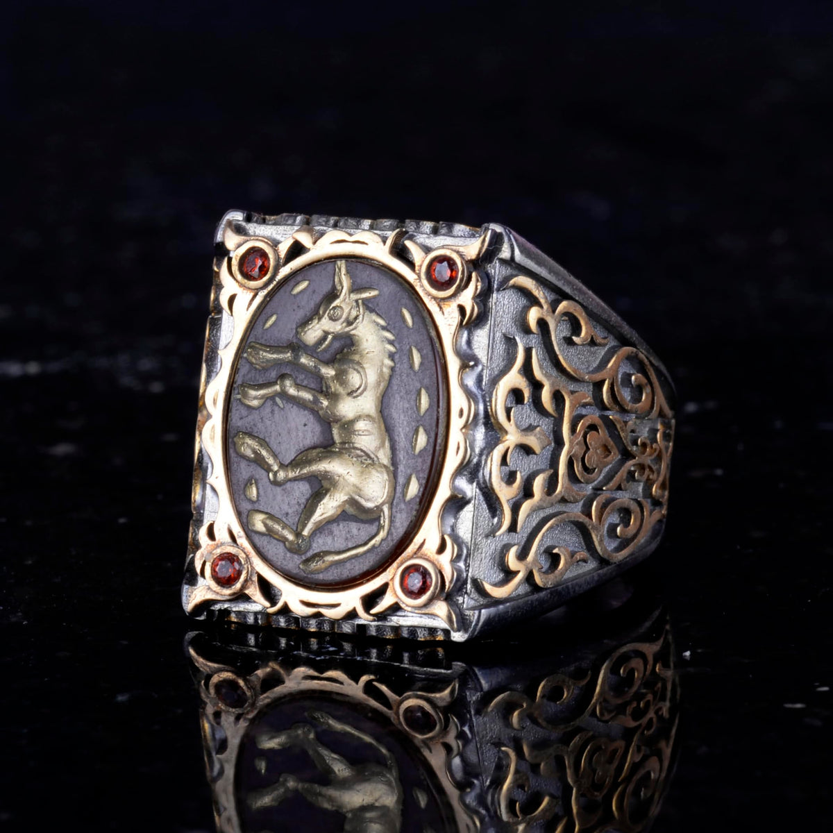 Horse Ring - Natural Agate Stone and 925 Sterling Silver Men's Ring — 6