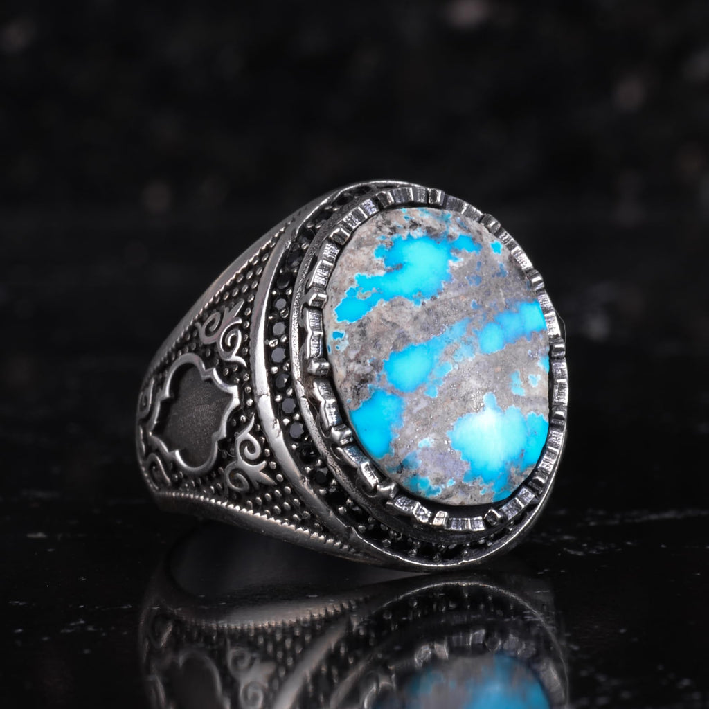 KAMBO Turquoise Stone Men's Ring 925 Sterling Silver Natural Turquoise Statement Ring Vintage Ottoman Style Handmade Men's Ring (Turquoise-2) — 6