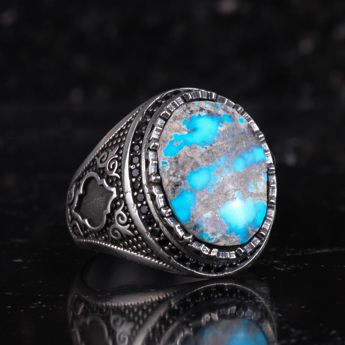 KAMBO Turquoise Stone Men's Ring 925 Sterling Silver Natural Turquoise Statement Ring Vintage Ottoman Style Handmade Men's Ring (Turquoise-2) — 6