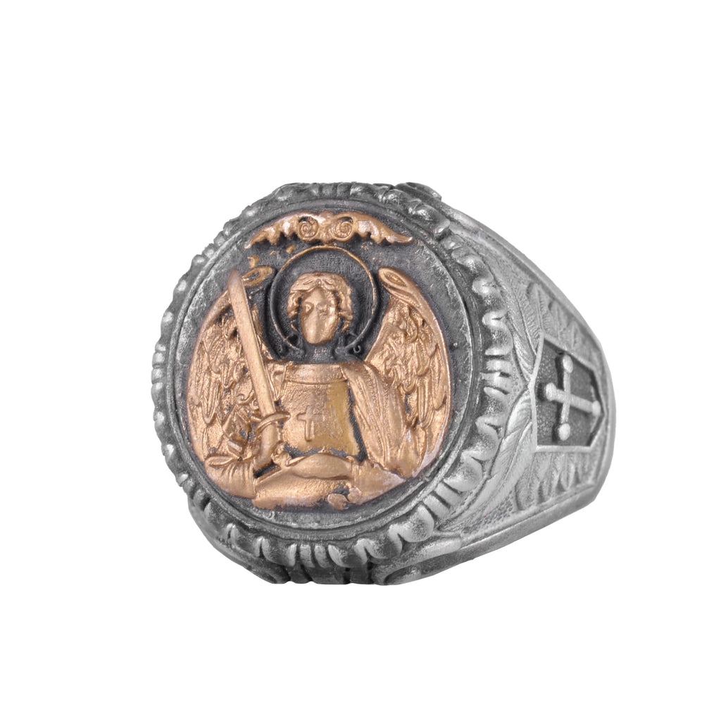 KAMBO Archangel Michael Men's Ring – Gold Plated 925 Sterling Silver Angel Sword Cross Ring – Handmade Christian Statement Jewelry