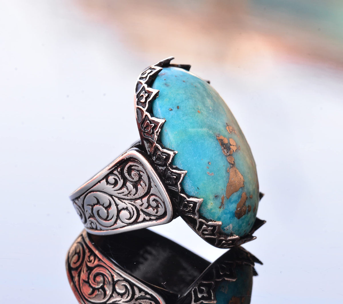 KAMBO Handmade Men's Natural Turquoise Ring in 925 Sterling Silver - Large Vintage Statement Ring for Him - Unique Style