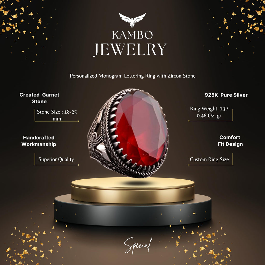 925 Sterling Silver Men's Ottoman Seal Ring, Artificial Garnet Stone — 2