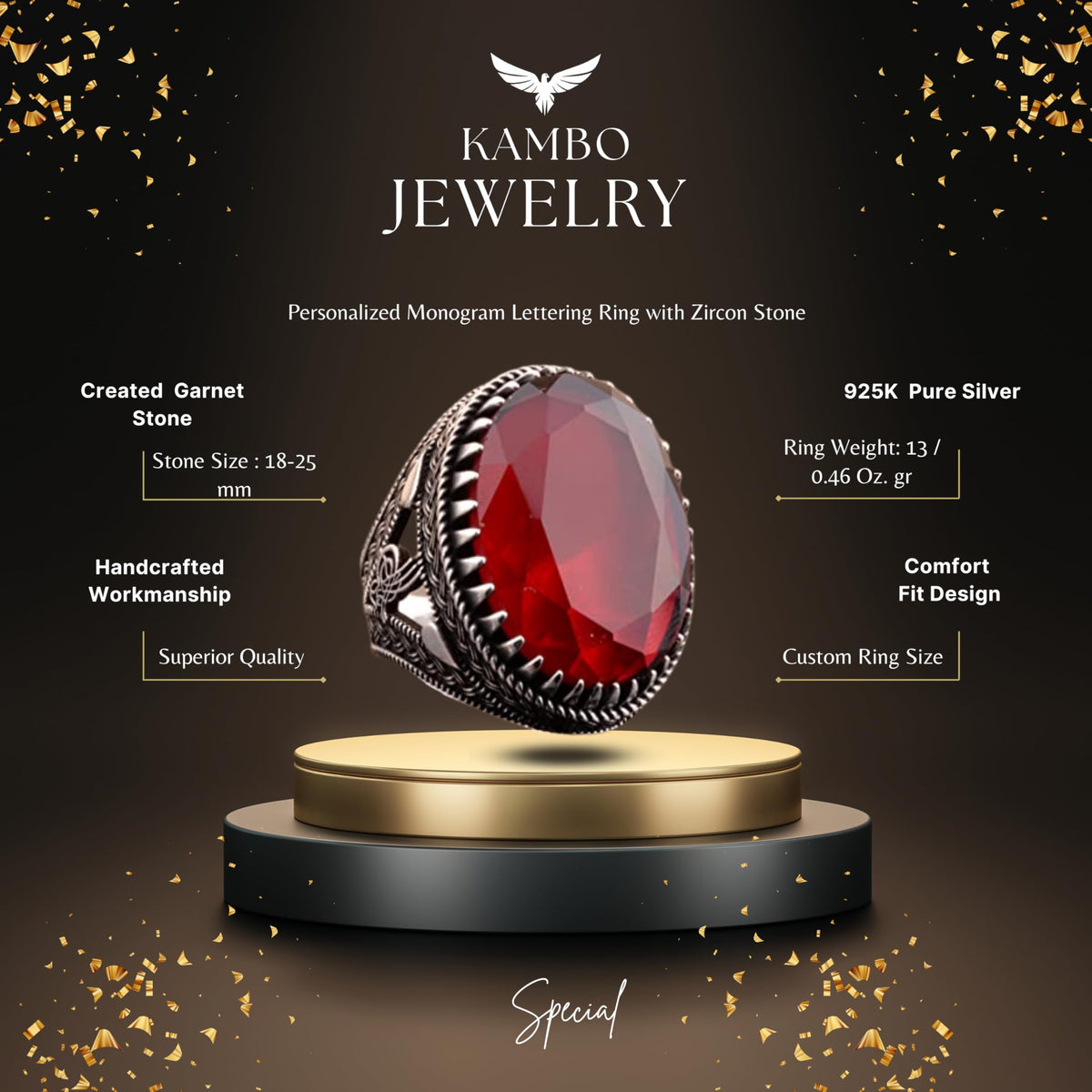 925 Sterling Silver Men's Ottoman Seal Ring, Artificial Garnet Stone — 2