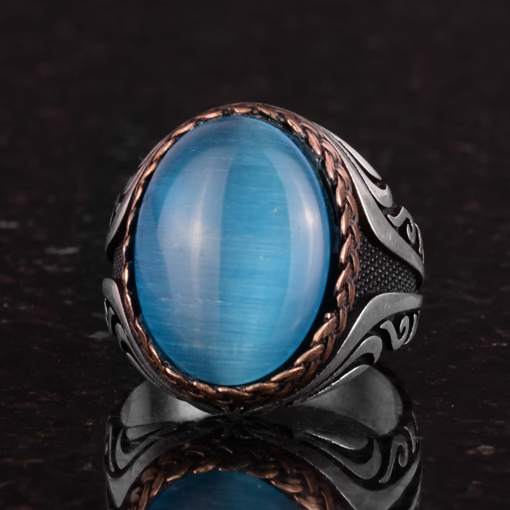 925 Sterling Silver Ring - Synthetic Stone Silver Ring - Handmade Ring (Light Blue Cat Eye) — 6