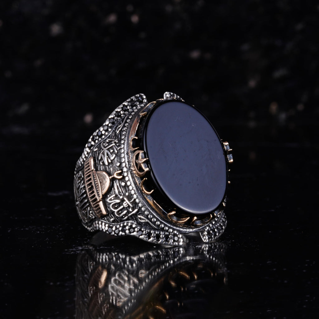 Men's Natural Black Onyx Ring – 925 Sterling Silver Islamic Mosque Design Ring – Handmade Men's Statement Ring — 6