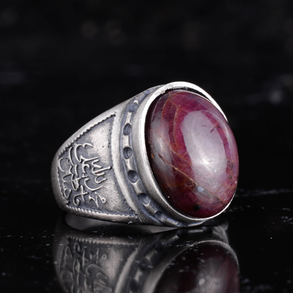 KAMBO Natural Ruby Stone Men's Ring 925 Sterling Silver - Carved Vintage Design Handmade Jewelry with Oval Ruby Statement Ring — 6