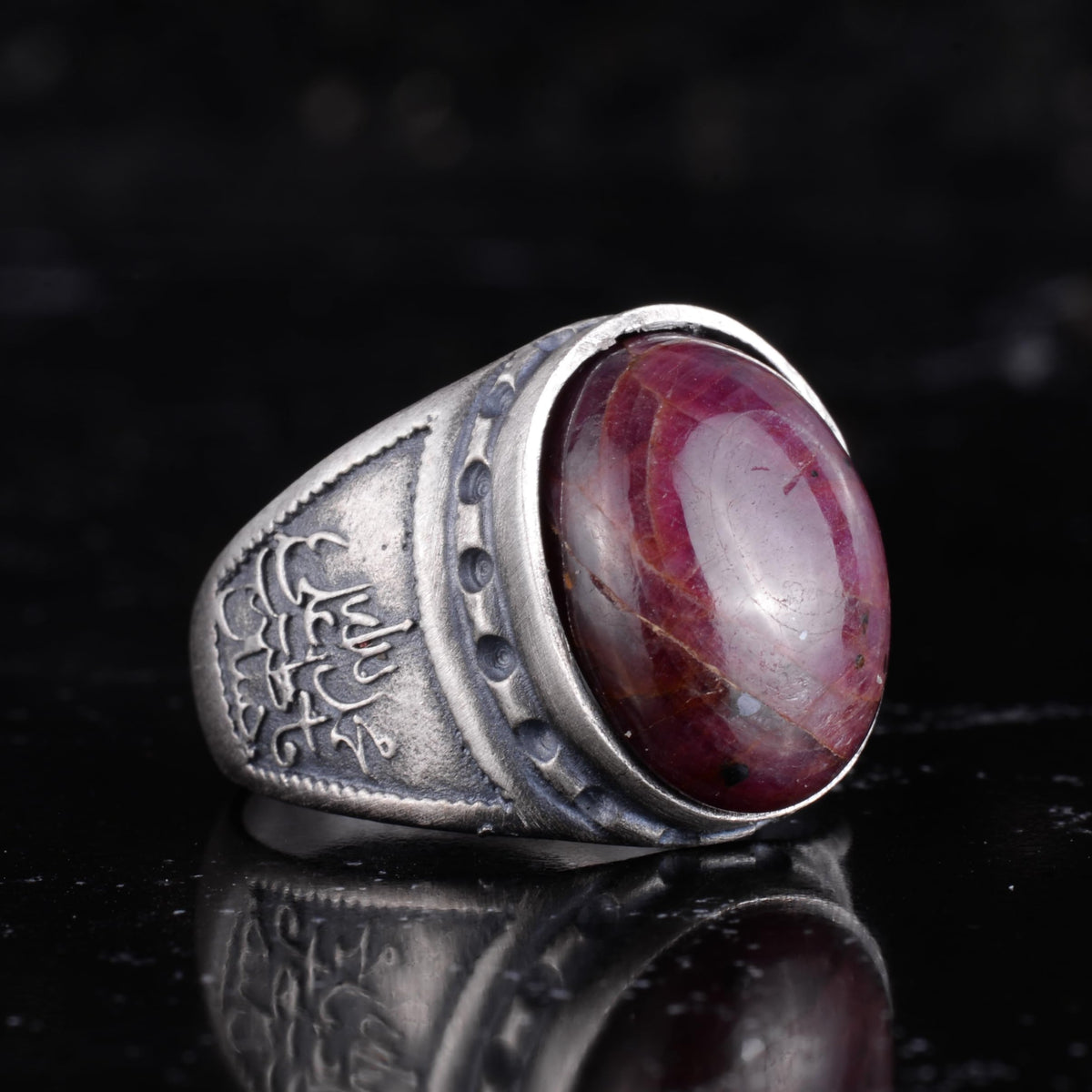 KAMBO Natural Ruby Stone Men's Ring 925 Sterling Silver - Carved Vintage Design Handmade Jewelry with Oval Ruby Statement Ring — 6