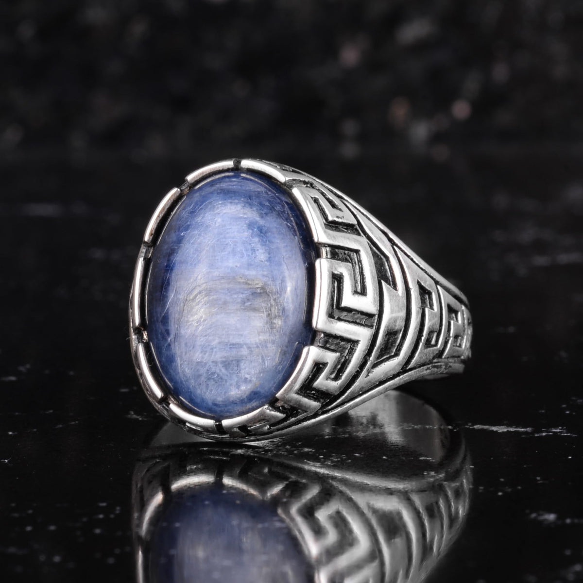 KAMBO Natural Kyanite Stone Men's Ring 925 Sterling Silver – Oval Cabochon Handmade Vintage Statement Ring — 5