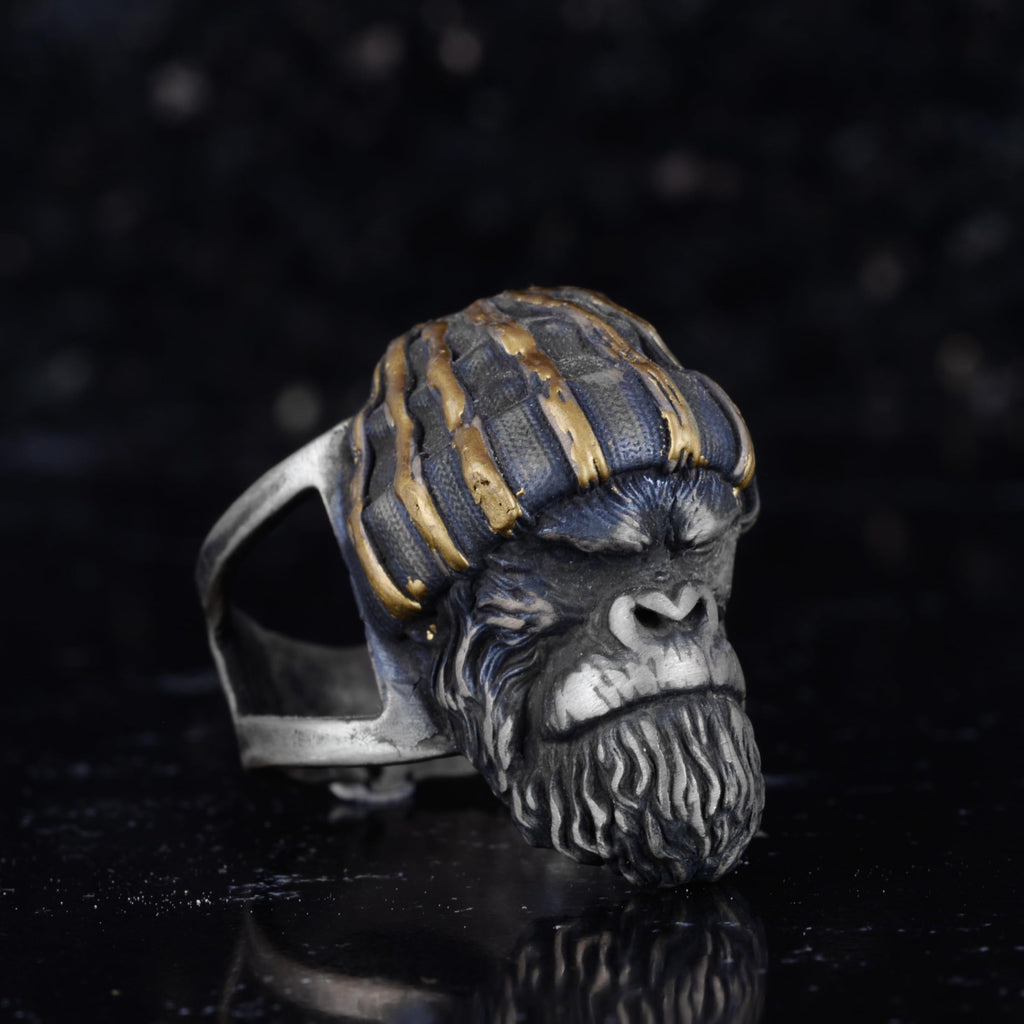 KAMBO Gorilla Head Men's Ring – 925 Sterling Silver Gold Plated Primate Ring – Handmade Animal Statement Jewelry — 5
