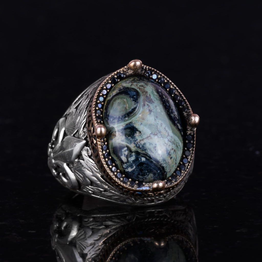 925 Sterling Silver Handcrafted Men's Ring - Available with Different Natural Stones (Green Eye) — 5