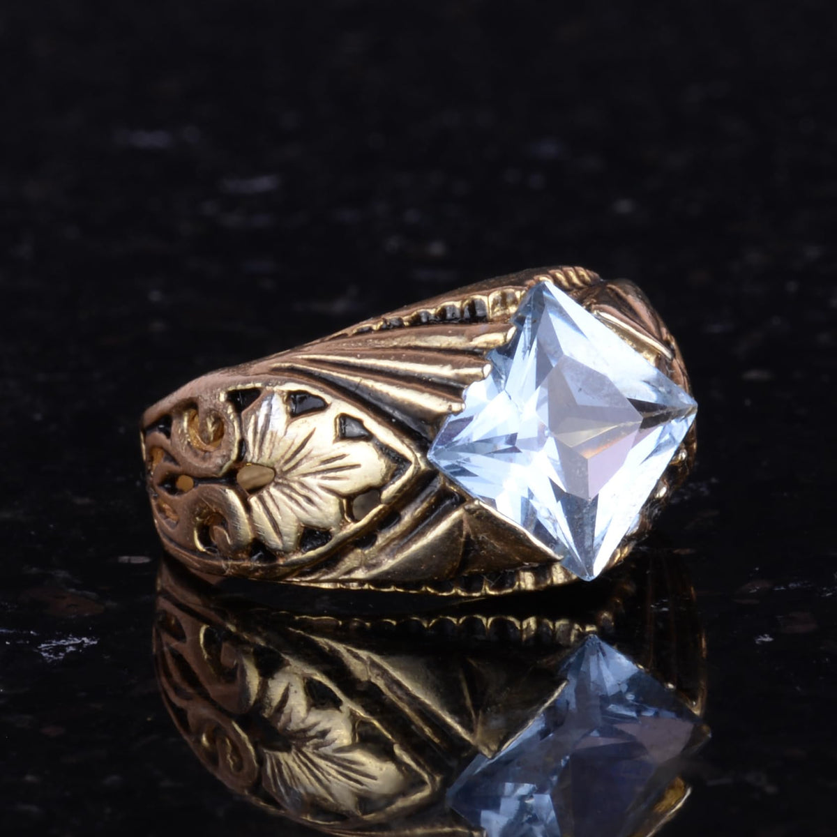 KAMBO Handmade 925 Sterling Silver Ring with Created Aquamarine Stone, Modern Unisex Design, Gold Plated, Elegant Statem