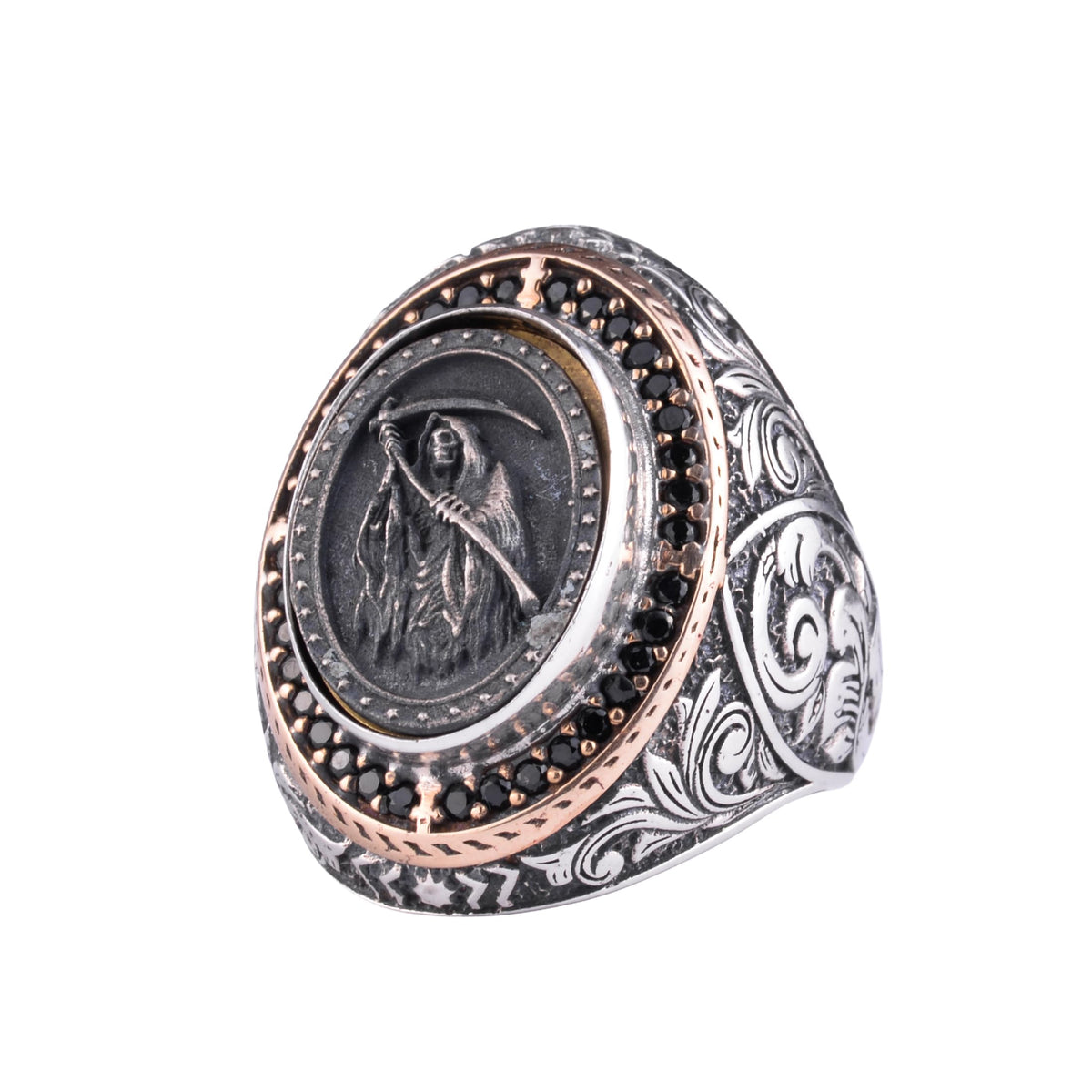 KAMBO Handmade 925 Sterling Silver Grim Reaper Motif Statement Ring for Men, Vintage Byzantine Engraved Religious Design