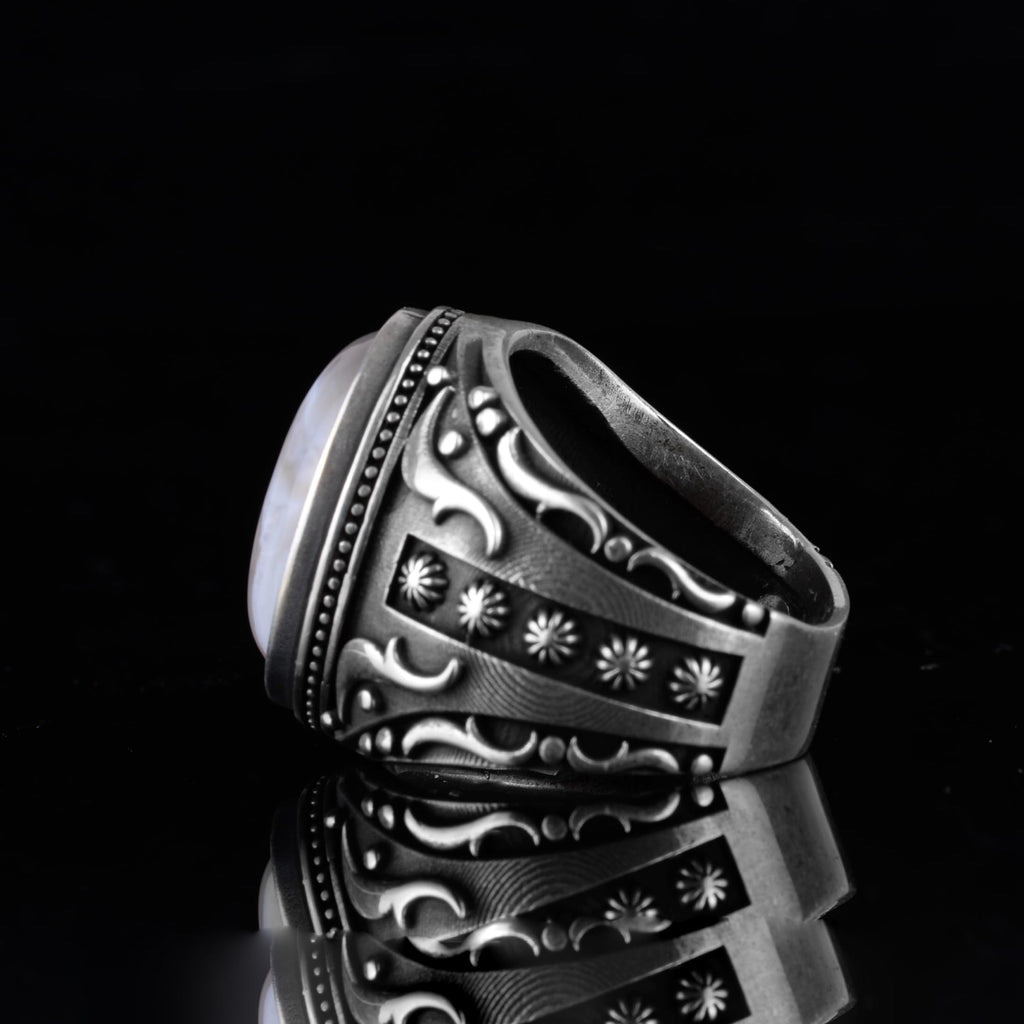 KAMBO Men's Natural Agate Ring – 925 Sterling Silver Flower Pattern Ring – Men's Handmade Vintage Style Statement Ring (Agate-3) — 7
