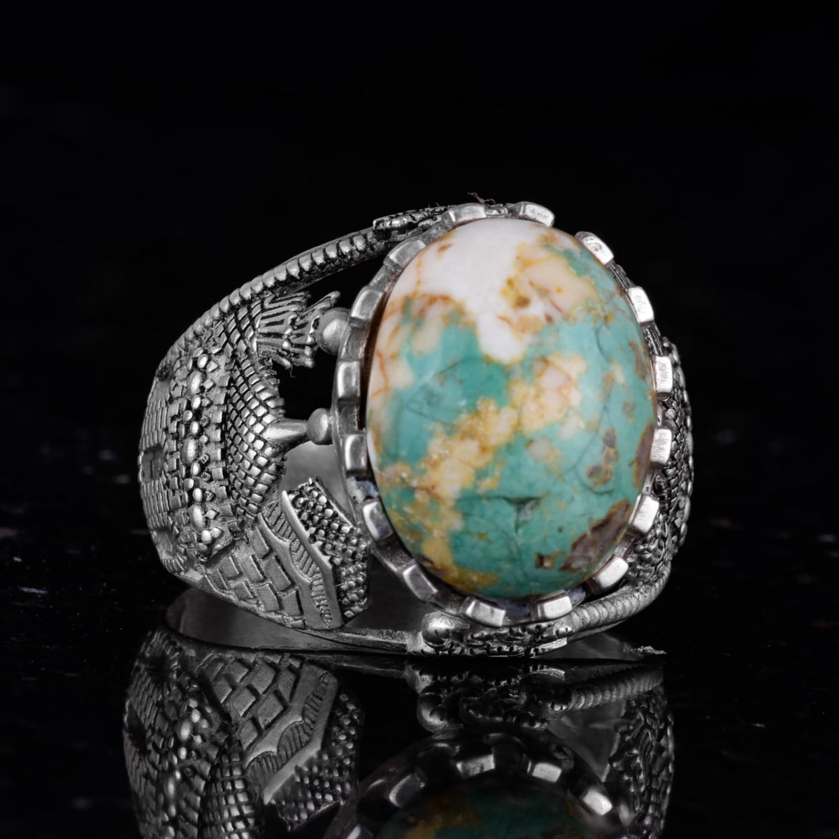 Natural Arizona Turquoise Stone Ring, Islamic Detailed Ring, 925 Sterling Silver Ring — 5