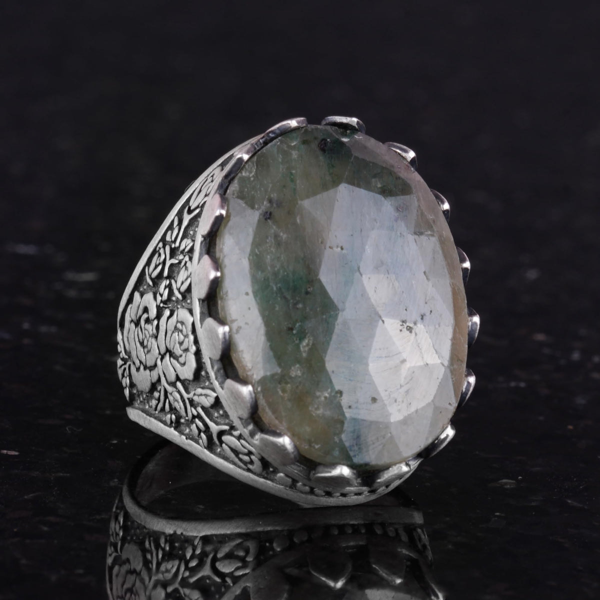 Natural Emerald Stone Ring - Handmade 925 Sterling Silver Rose Pattern Ring — 5